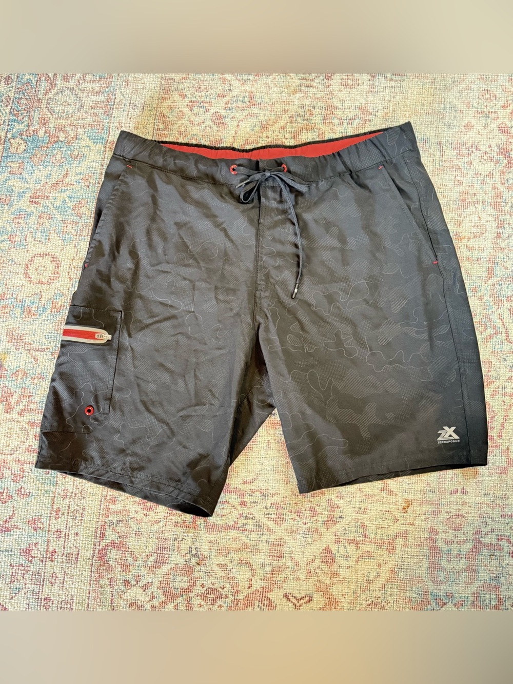 ZeroXposur Black Swim Board Shorts with Red Accents